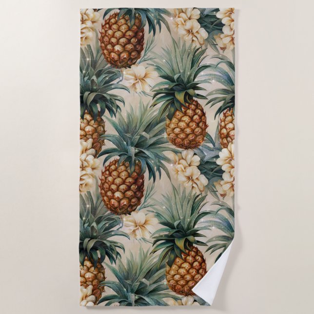Tropical Pineapples Floral Beach Towel (Front)