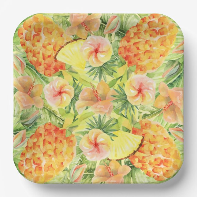 Tropical Pineapples Flowers Greenery Paper Plates (Front)