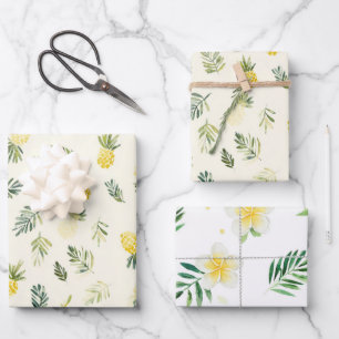 Tropical Pineapples Green Leaves Plumeria Birthday Wrapping Paper Sheets