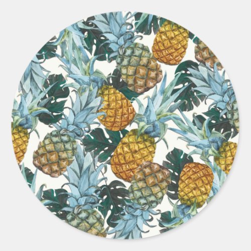 Tropical Pineapples  Leaves Exotic Birthday Party Classic Round Sticker