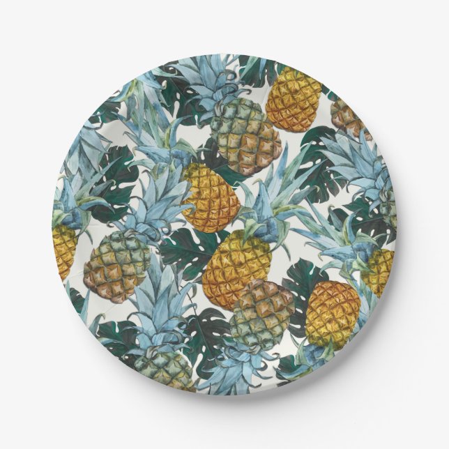 Tropical Pineapples & Leaves Exotic Birthday Party Paper Plates (Front)