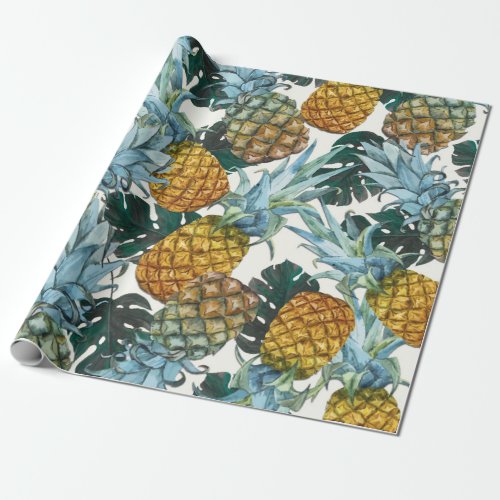 Tropical Pineapples  Leaves Exotic Birthday Party Wrapping Paper