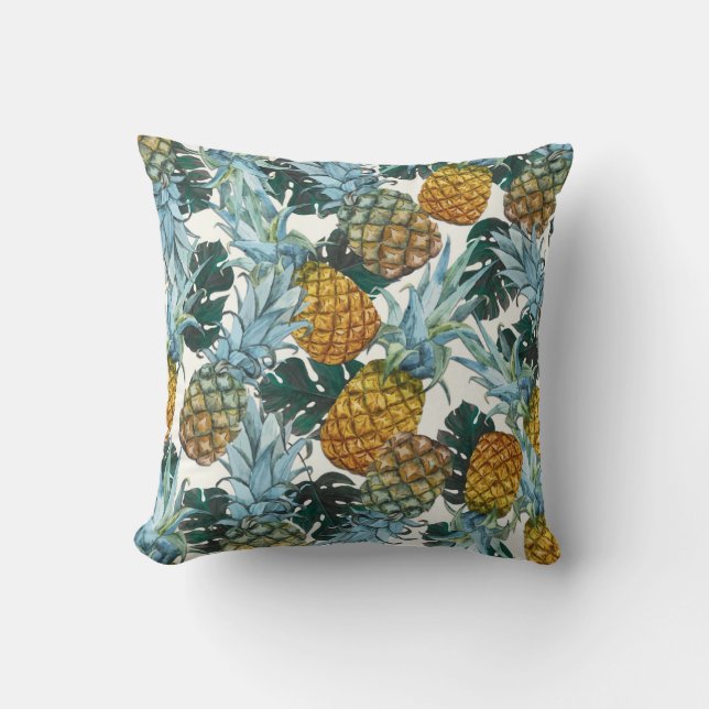 Tropical Pineapples & Leaves Exotic Island Throw Pillow (Front)