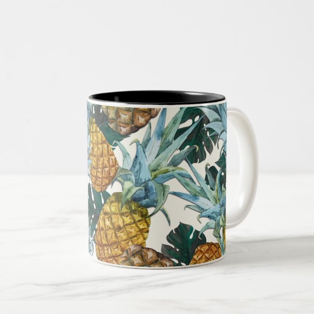 Tropical Pineapples & Leaves Exotic Island Two-Tone Coffee Mug (Front Right)