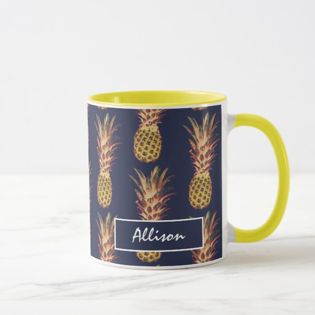 Tropical Pineapples Navy Blue Yellow Personalized Mug (Right)