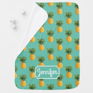 Tropical Pineapples On Teal   Add Your Name Baby Blanket