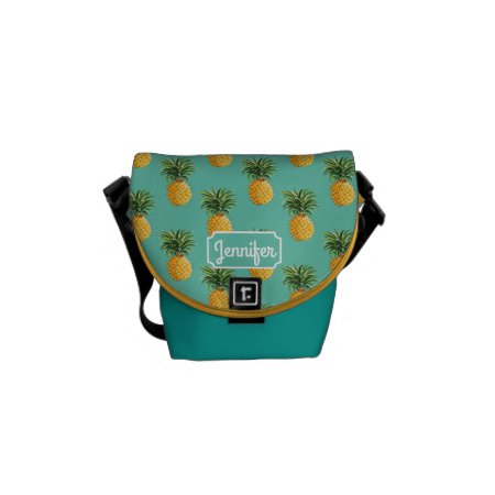 Tropical Pineapples On Teal | Add Your Name Messenger Bag