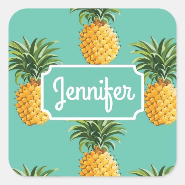 Tropical Pineapples On Teal | Add Your Name Square Sticker (Front)