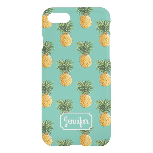 Tropical Pineapples On Teal | Add Your Name Uncommon iPhone Case (Back)