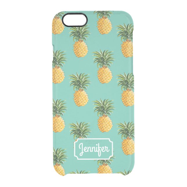 Tropical Pineapples On Teal | Add Your Name Uncommon iPhone Case (Back)