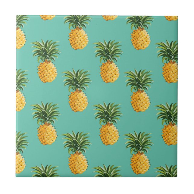 Tropical Pineapples On Teal Ceramic Tile (Front)