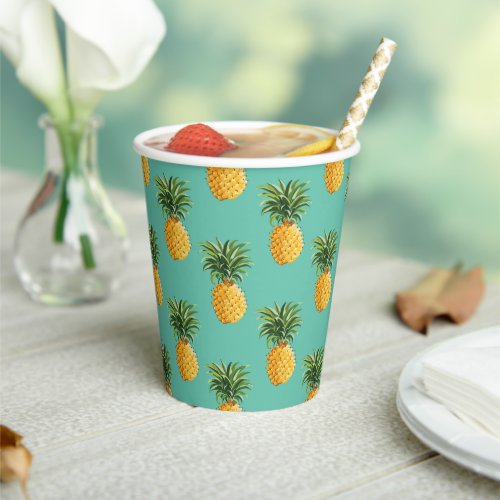 Tropical Pineapples On Teal Paper Cups