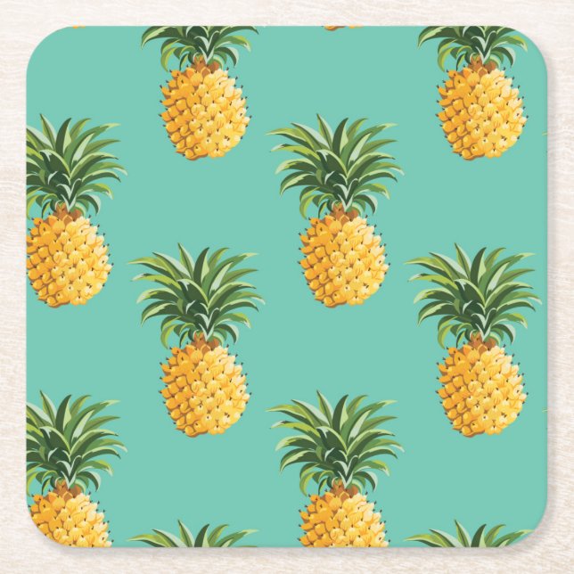 Tropical Pineapples On Teal Square Paper Coaster (Front)