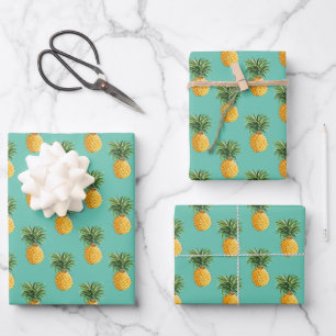 Tropical Pineapples On Teal Wrapping Paper Sheets