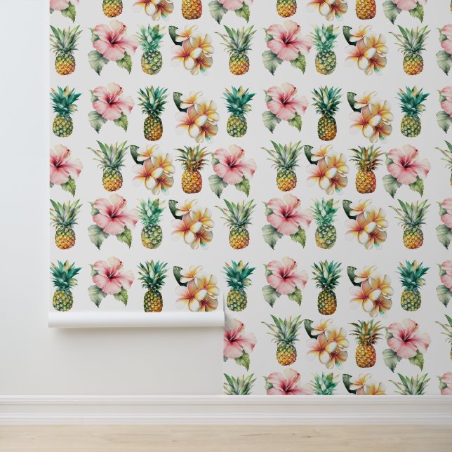 Tropical Pineapples Pink Hibiscus Plumeria Flowers Wallpaper (Application)
