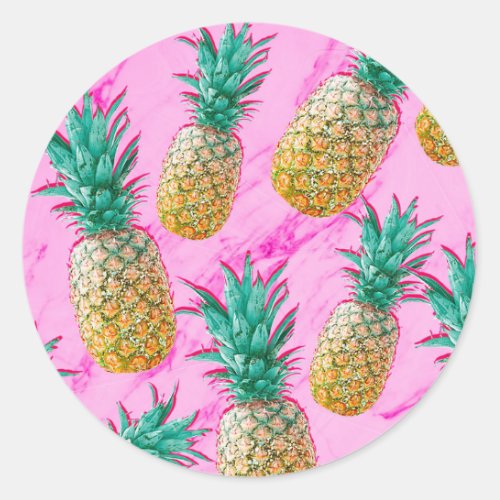 Tropical Pineapples  Pink Marble Chic Party Favor Classic Round Sticker