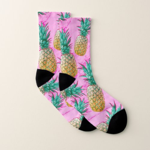Tropical Pineapples Pink Marble Chic Trendy Socks