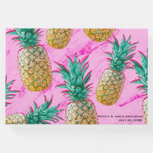 Tropical Pineapples  Pink Marble Chic Wedding Guest Book