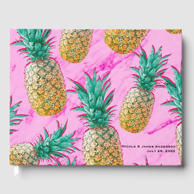 Tropical Pineapples & Pink Marble Chic Wedding Guest Book (Front)