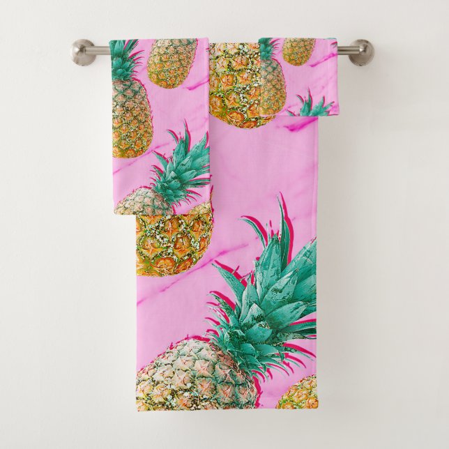Tropical Pineapples & Pink Marble Modern Colorful Bath Towel Set (Insitu)
