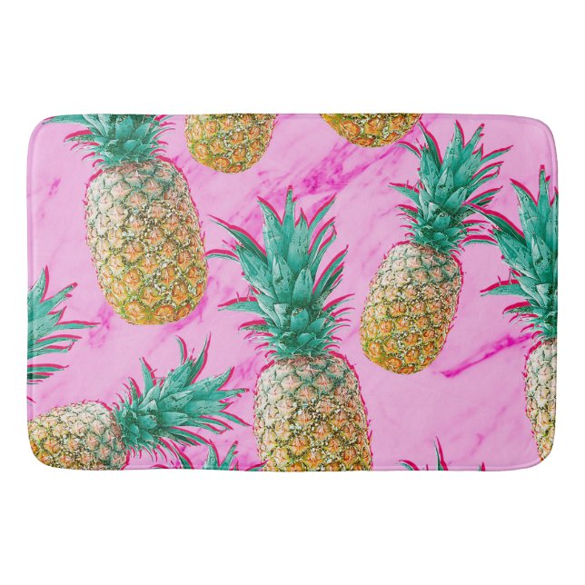 Tropical Pineapples & Pink Marble Modern Colorful Bathroom Mat (Front)