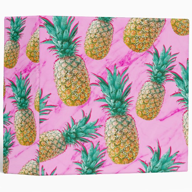 Tropical Pineapples & Pink Marble Modern Colorful Binder (Front/Spine)