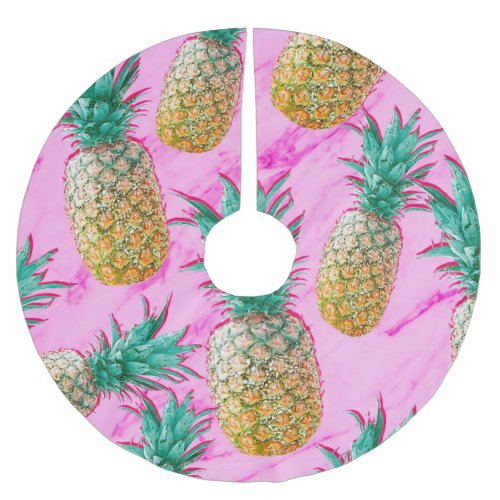 Tropical Pineapples  Pink Marble Modern Colorful Brushed Polyester Tree Skirt