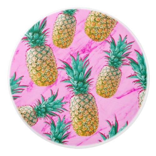 Tropical Pineapples  Pink Marble Modern Colorful Ceramic Knob