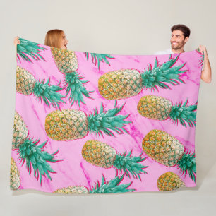Tropical Pineapples & Pink Marble Modern Colorful Fleece Blanket
