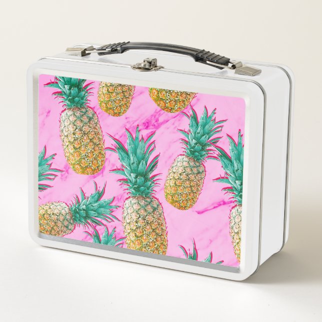Tropical Pineapples & Pink Marble Modern Colorful Metal Lunch Box (Front)