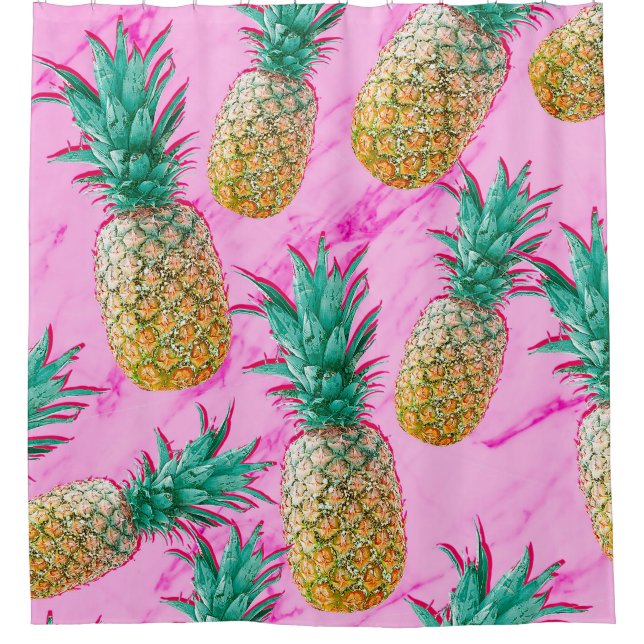 Tropical Pineapples & Pink Marble Modern Colorful Shower Curtain (Front)