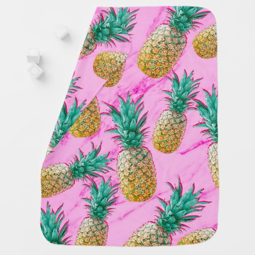 Tropical Pineapples  Pink Marble Modern Colorful Swaddle Blanket