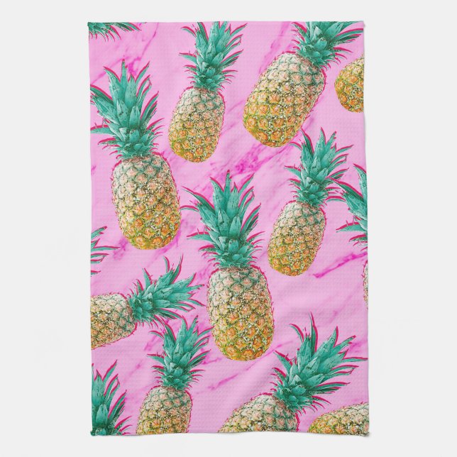 Tropical Pineapples & Pink Marble Modern Colorful Towel (Vertical)