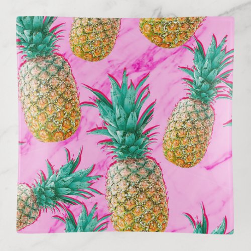 Tropical Pineapples  Pink Marble Modern Colorful Trinket Tray