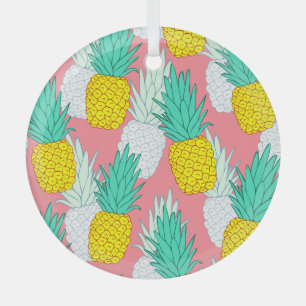 Tropical Pineapples: Red Cartoon Chic. Glass Ornament