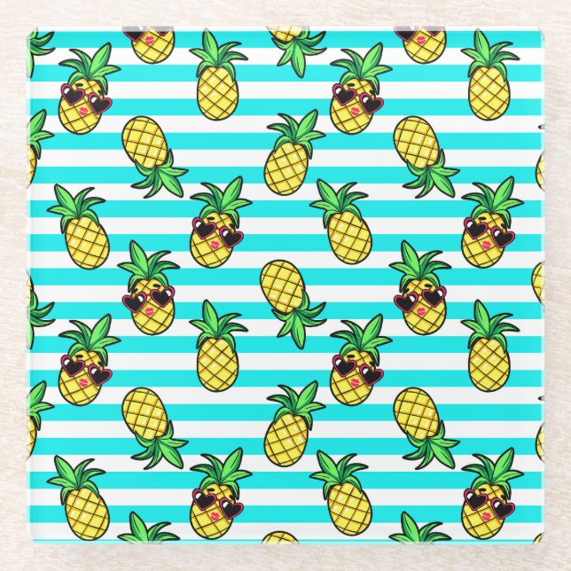 Tropical Pineapples: Retro Sunglasses Pattern. Glass Coaster (Front)