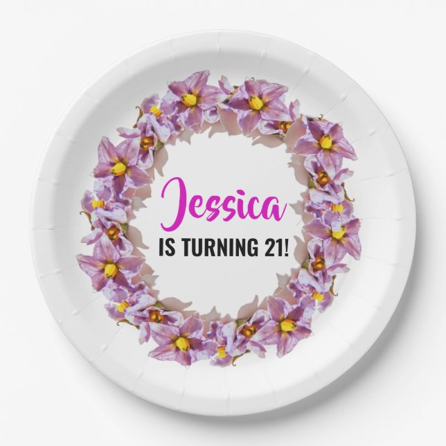 Tropical Pink and Blue 21st Birthday Party Paper Plates (Front)