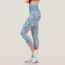 Tropical Pink And Blue Watercolor Flamingo Pattern Capri Leggings Tropical Pink And Blue Watercolor Flamingo Pattern Capri Leggings