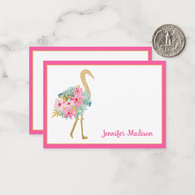 Tropical Pink and Gold Flamingos With Flowers Note Card (Front/Back In Situ)