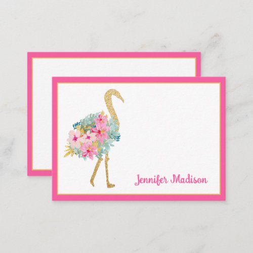 Tropical Pink and Gold Flamingos With Flowers Note Card
