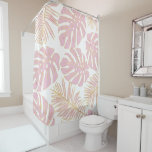 Tropical pink and gold monstera and  palm leaves shower curtain