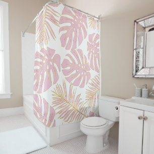 Tropical pink and gold monstera and palm leaves shower curtain