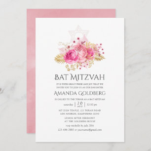 Tropical Pink and Gold Rose Watercolor Bat Mitzvah Invitation