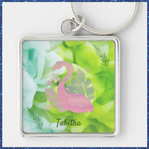 Tropical Pink and Green Flamingo and Palms Keychain
