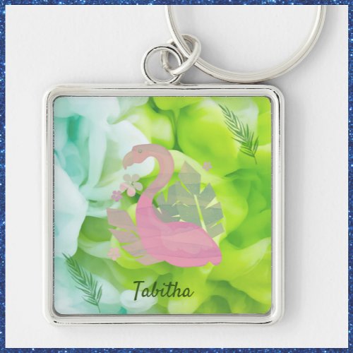 Tropical Pink and Green Flamingo and Palms Keychain