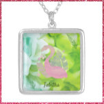 Tropical Pink and Green Flamingo and Palms Silver Plated Necklace<br><div class="desc">Gorgeous Florida colors on an abstract background with a flamingo and palms.  Blue,  green and salmon pink colors. Add your name to personalize.</div>