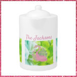 Tropical Pink and Green Flamingo and Palms Teapot<br><div class="desc">Gorgeous Florida colors on an abstract background with a flamingo and palms.  Blue,  green and salmon pink colors. Add your name to personalize.</div>