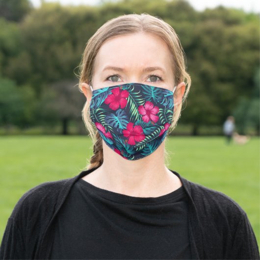 Tropical Pink And Green Floral Hibiscus Flowers Adult Cloth Face Mask (Outside)