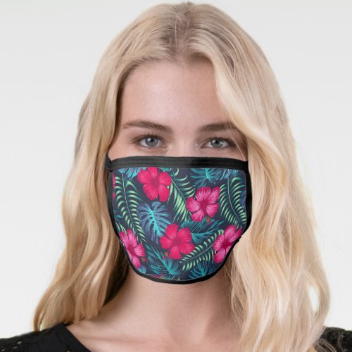 Tropical Pink And Green Floral Hibiscus Flowers Face Mask