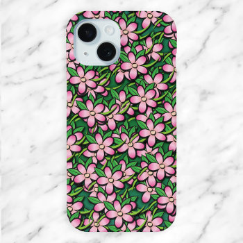 Tropical Pink And Green Floral Pattern Iphone 15 Case by DoodlesGiftShop at Zazzle